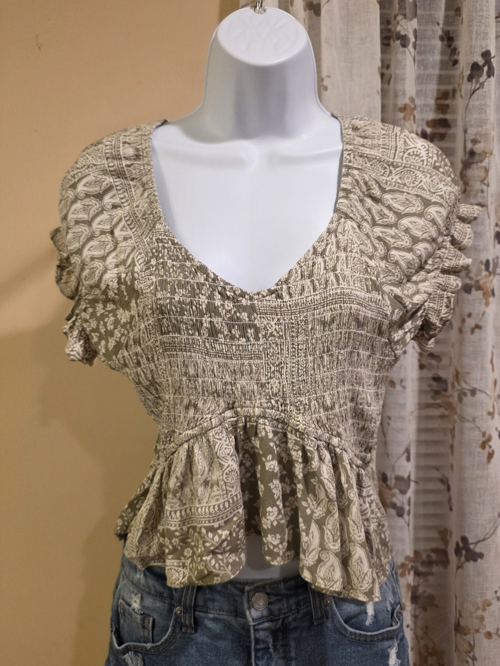 Smocked Peplum Floral Blouse in Taupe